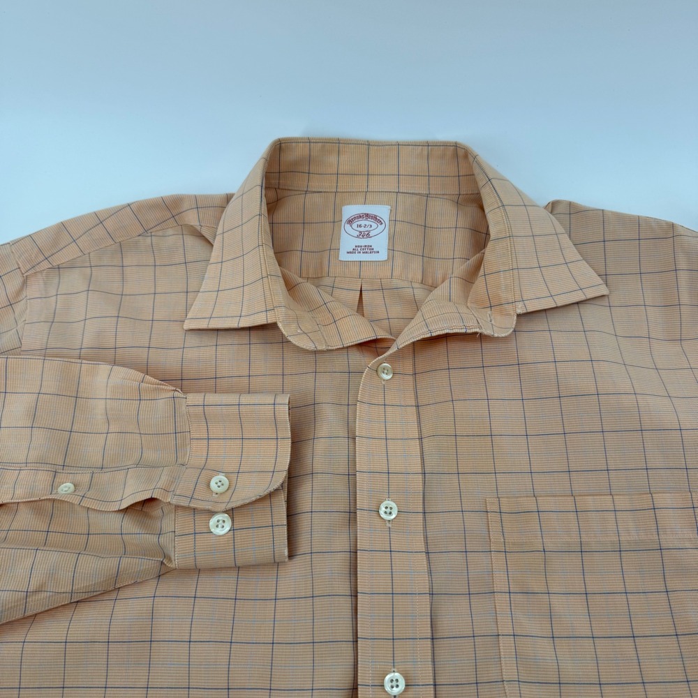 Brooks Brothers 346 Mens Non-Iron Cotton Dress Shirt Orange Check 16-2/3